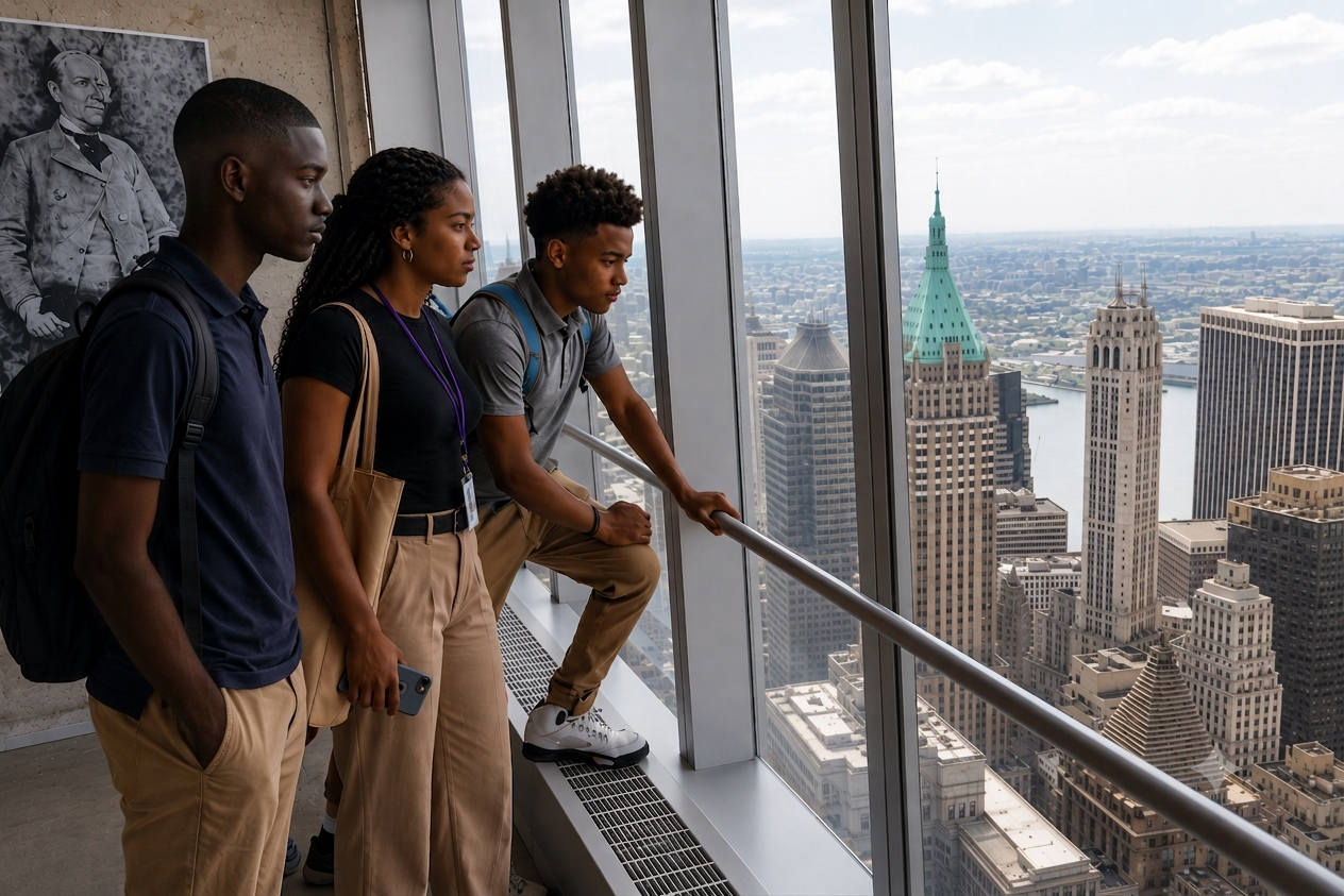 Three students looking out at the New York City skyline from a skyscraper